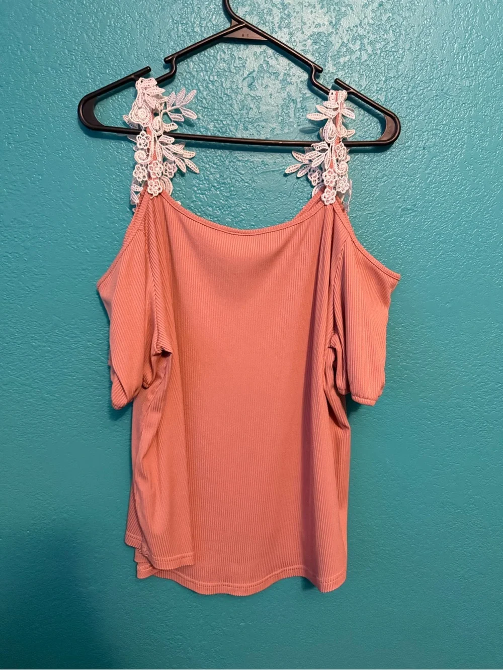 Off-Shoulder Lace Strap Ribbed Top - Picture 2 of 3